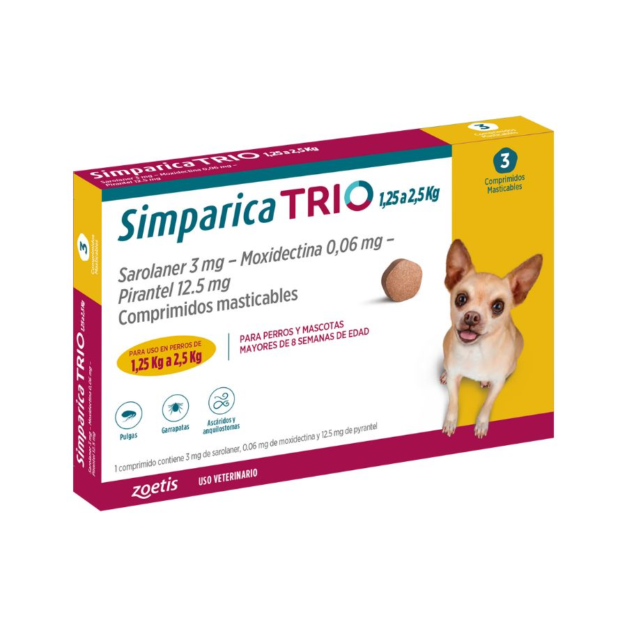Simparica trio 1.3 - 2.5 kg antiparasitario para perros caja 3 comprimidos, , large image number null